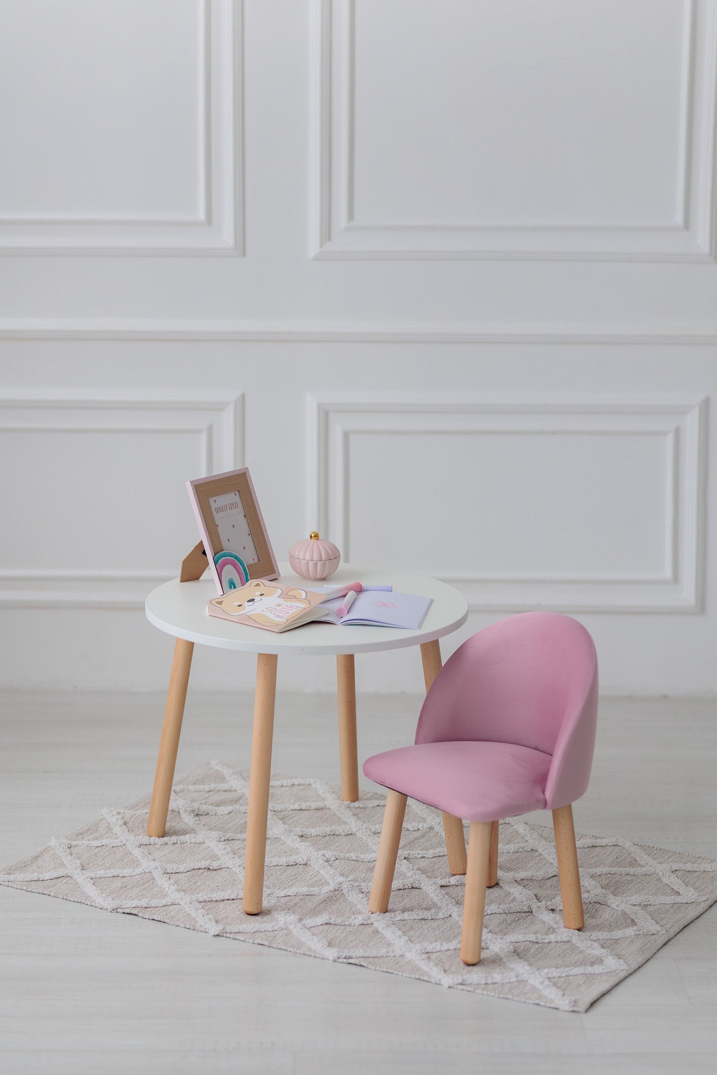 Furniture set: table without drawer and armchair, 5-7 years old, 115-125 cm, Soft pink