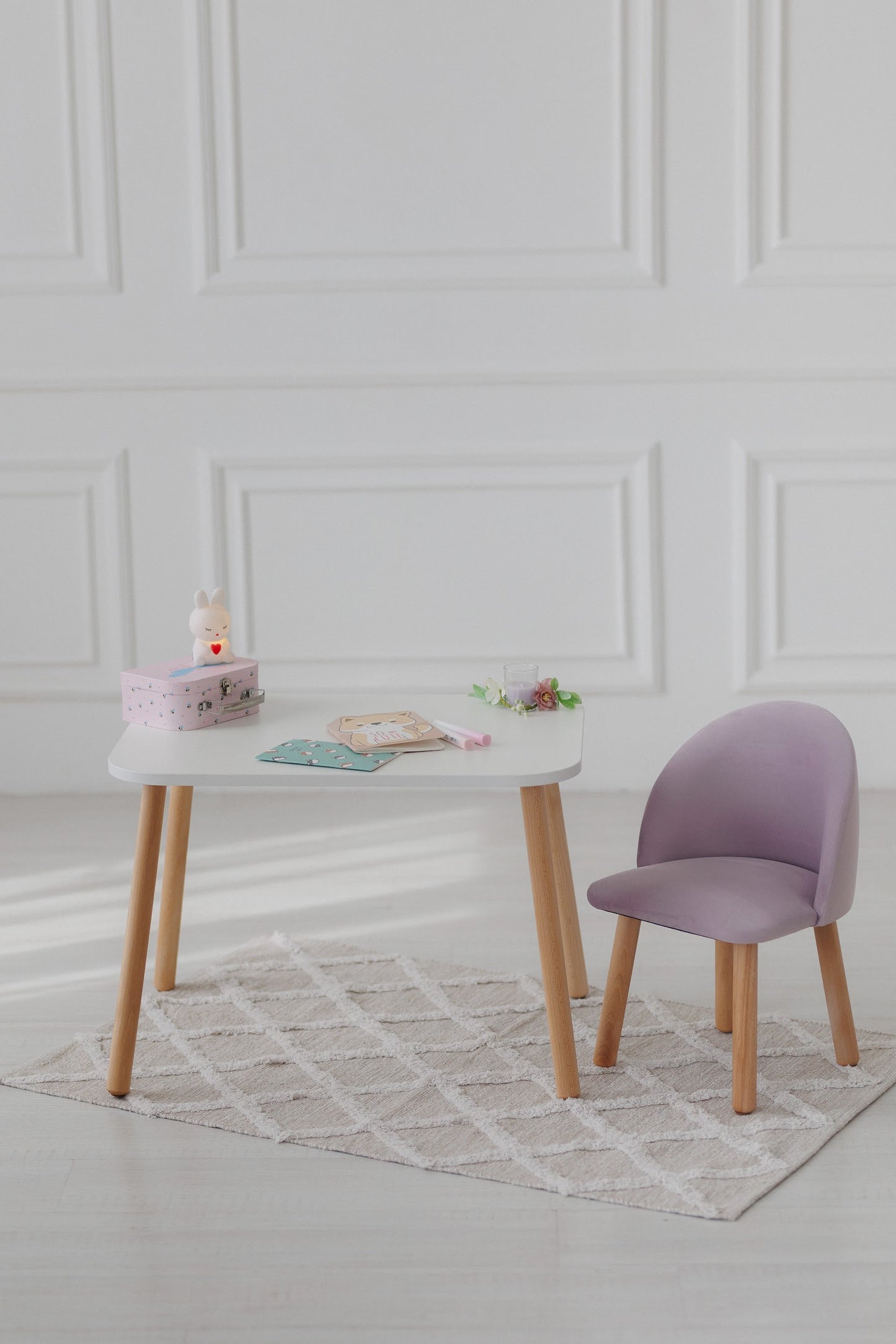 Furniture set: rectangular table without drawer and armchair, 2-4 years old, 90-105 cm, Lilac