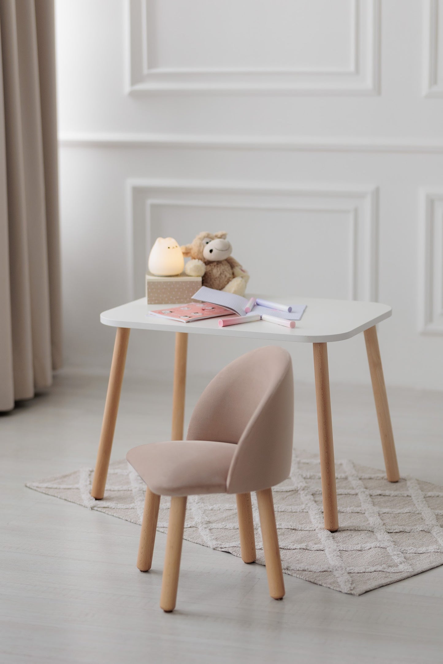 Furniture set: rectangular table without drawer and armchair, 2-4 years old, 90-105 cm, Latte