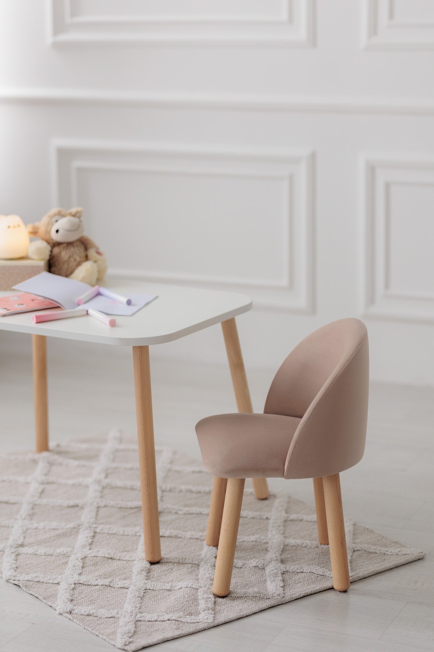 Furniture set: rectangular table without drawer and armchair, 2-4 years old, 90-105 cm, Latte