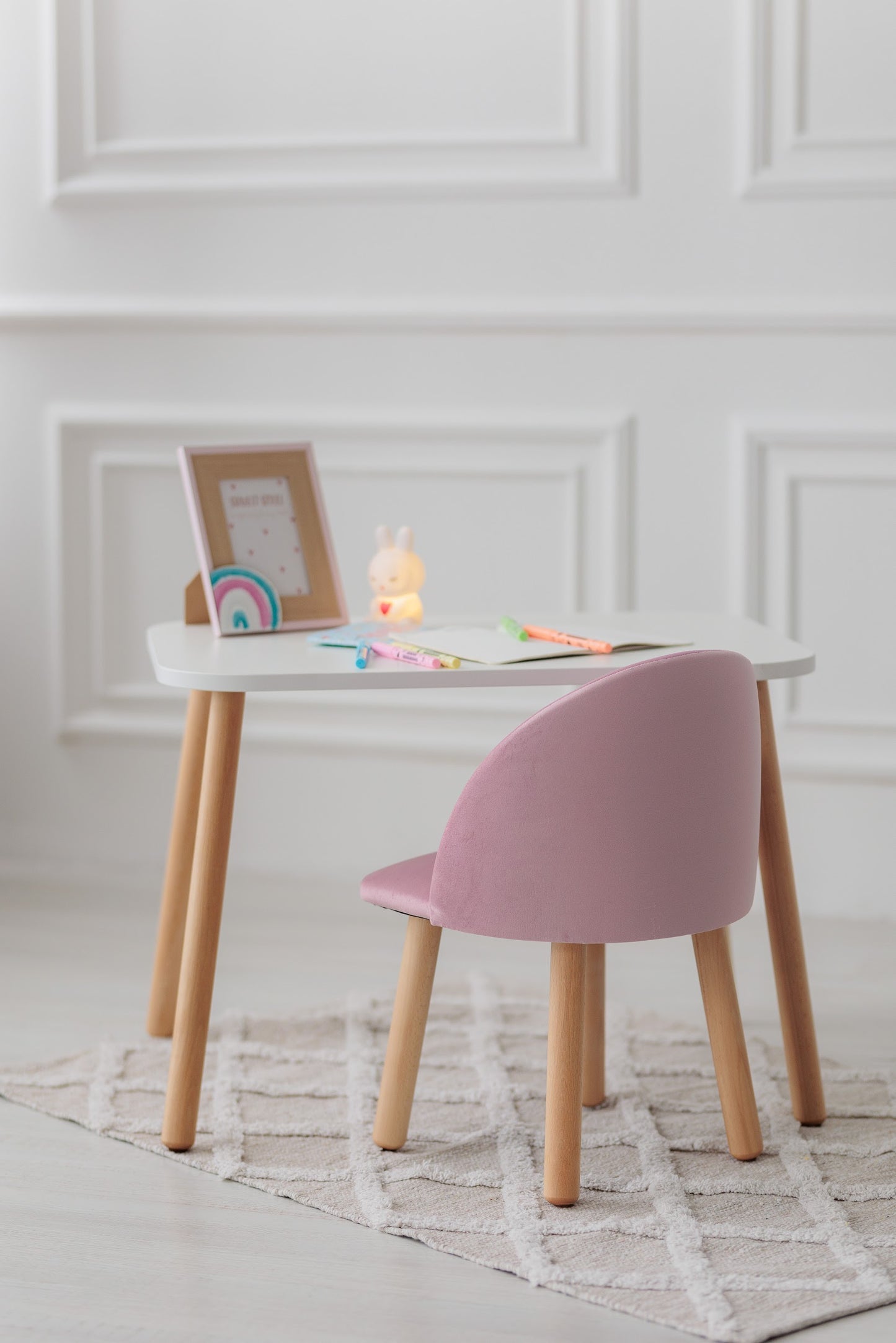 Furniture set: rectangular table without drawer and armchair, 2-4 years old, 90-105 cm, Soft pink