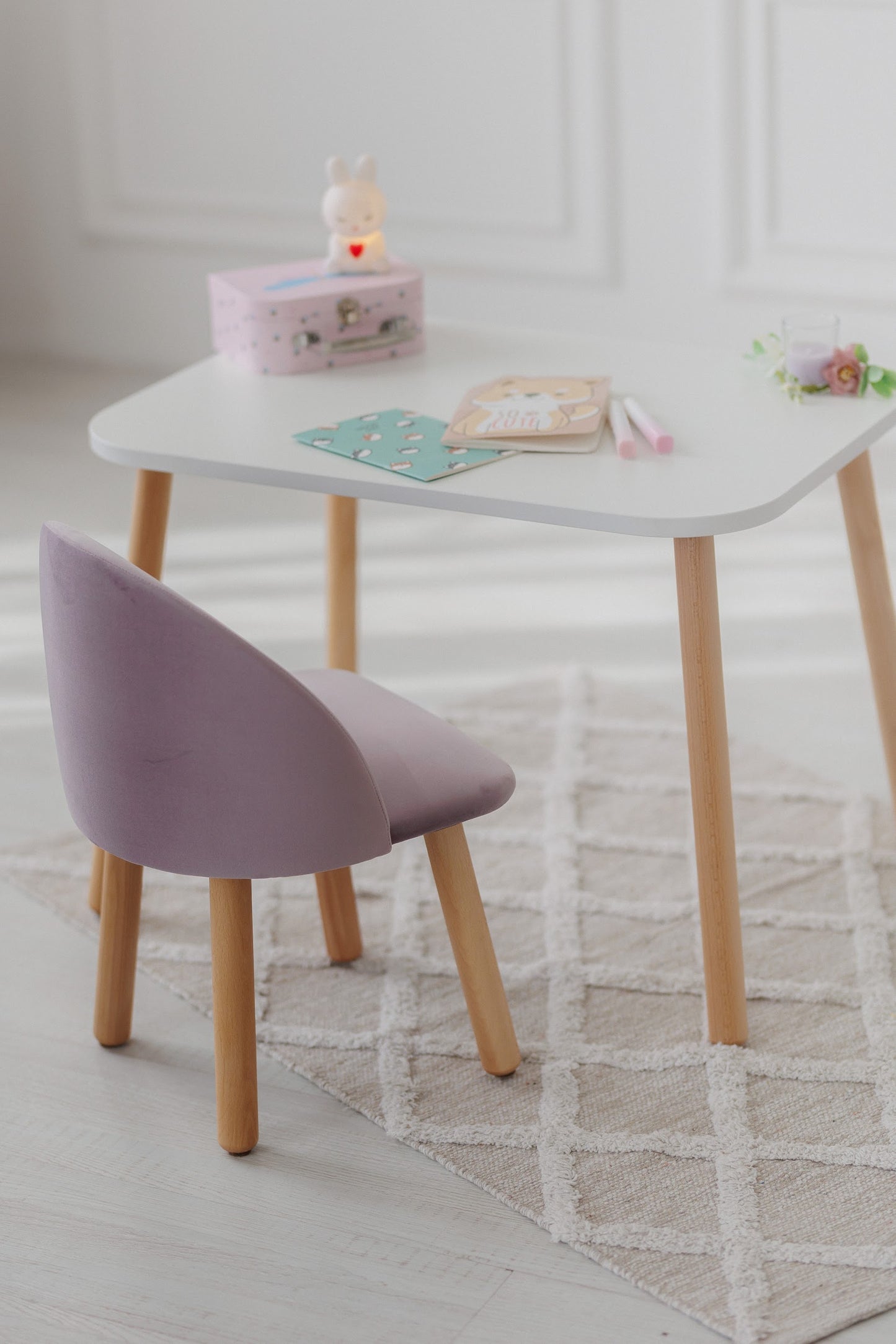Furniture set: rectangular table without drawer and armchair, 3-5 years old, 105-115 cm, Lilac