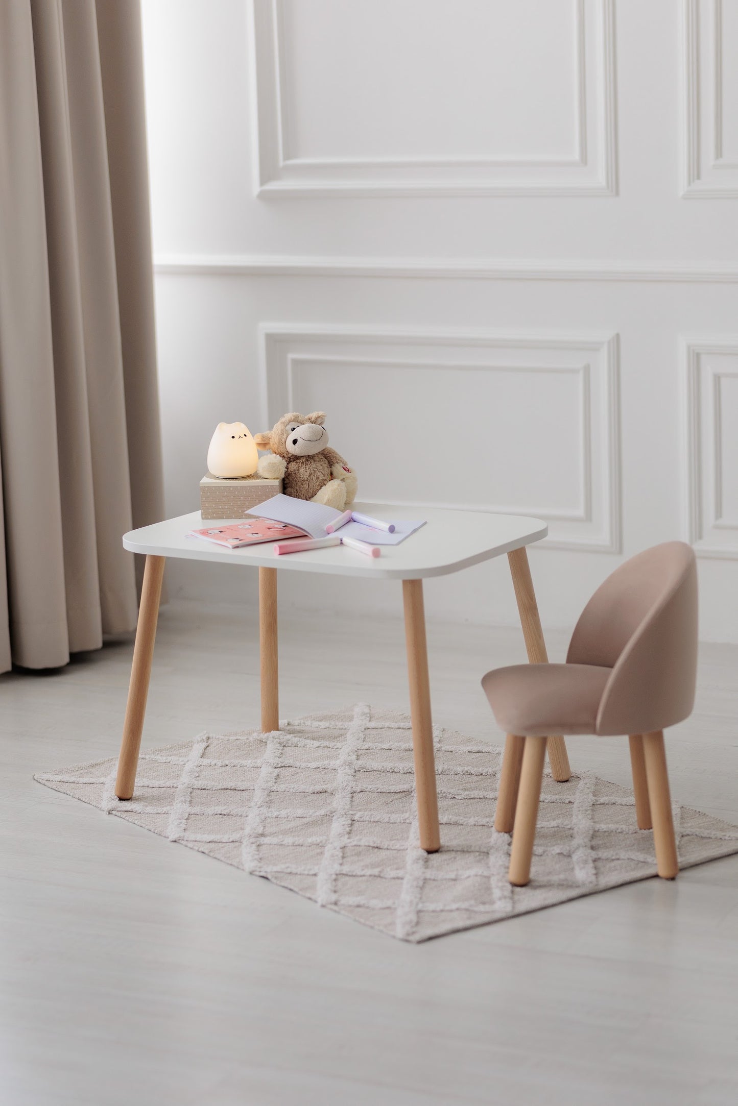 Furniture set: rectangular table without drawer and armchair, 3-5 years old, 105-115 cm, Latte