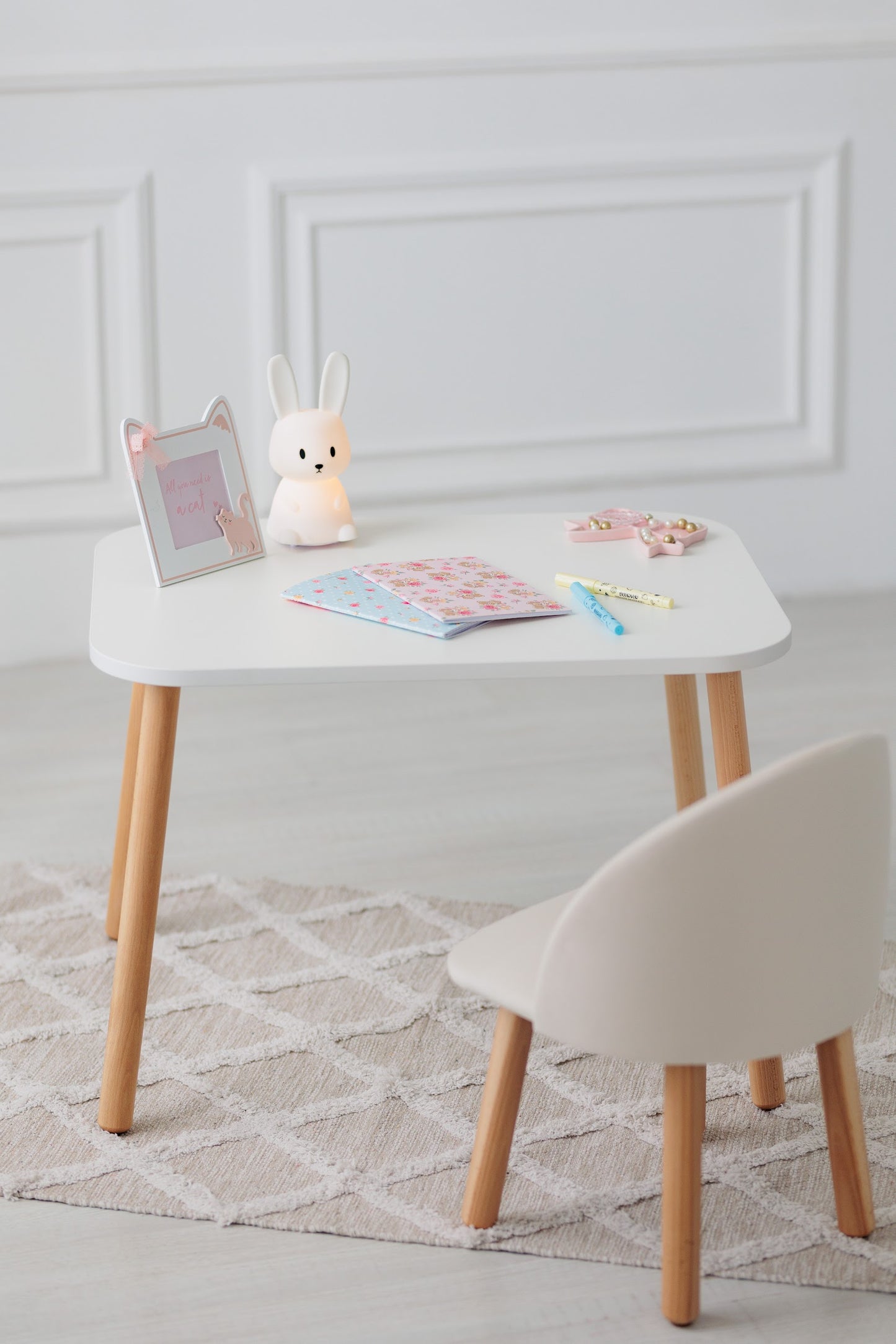 Furniture set: rectangular table without drawer and armchair, 3-5 years old, 105-115 cm, Milk