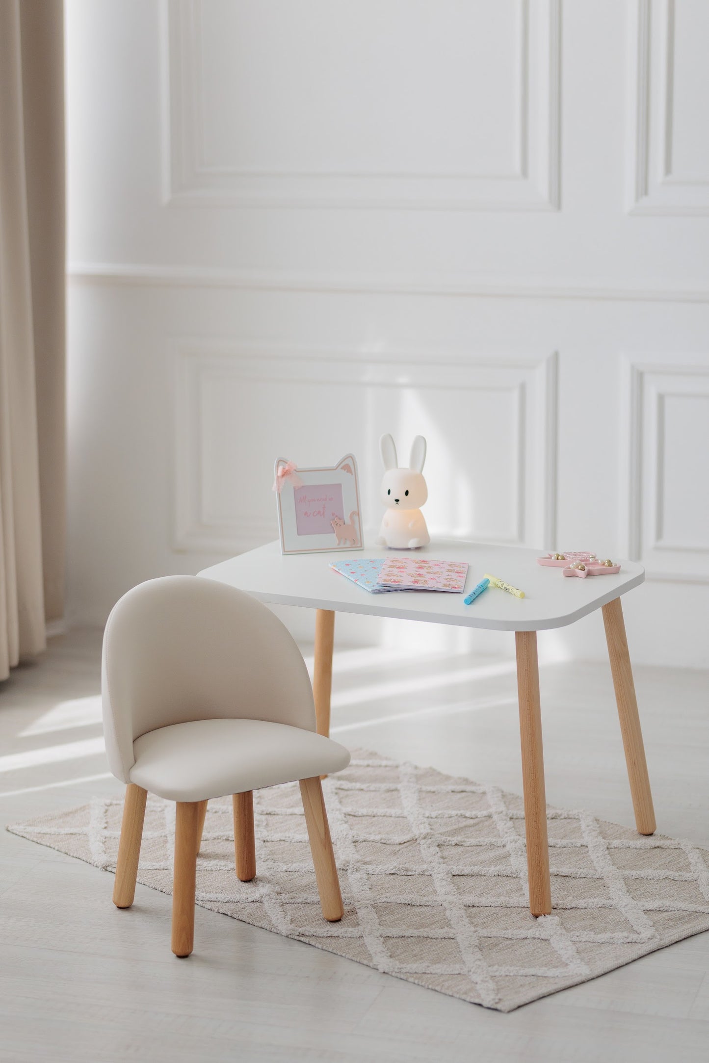 Furniture set: rectangular table without drawer and armchair, 3-5 years old, 105-115 cm, Milk