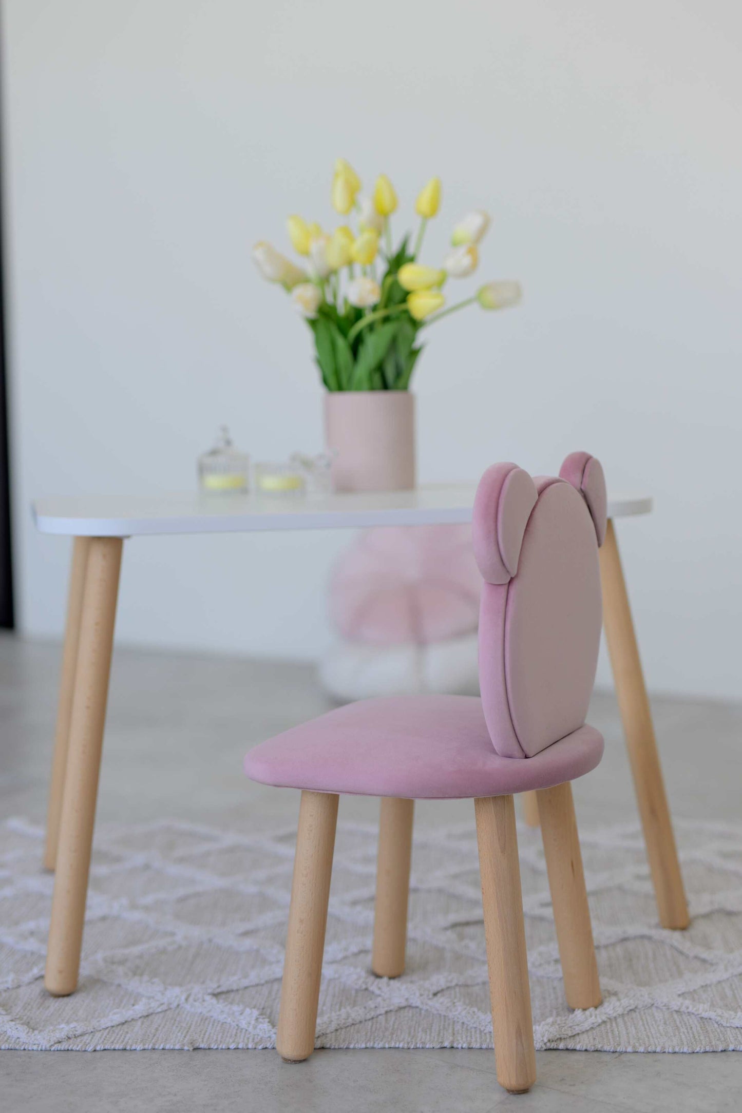 Furniture set: rectangular table without drawer and chair Bear, 2-4 years old, 90-105 cm, Soft pink