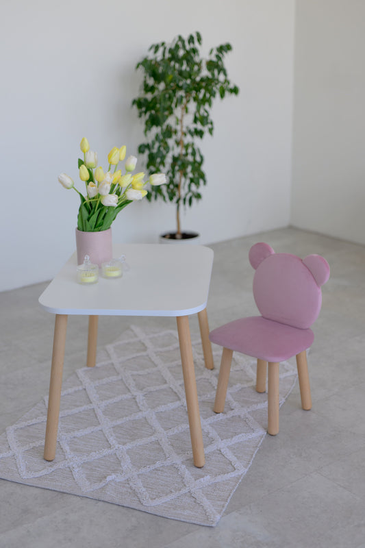 Furniture set: rectangular table without drawer and chair Bear, 3-5 years old, 105-115 cm, Soft pink