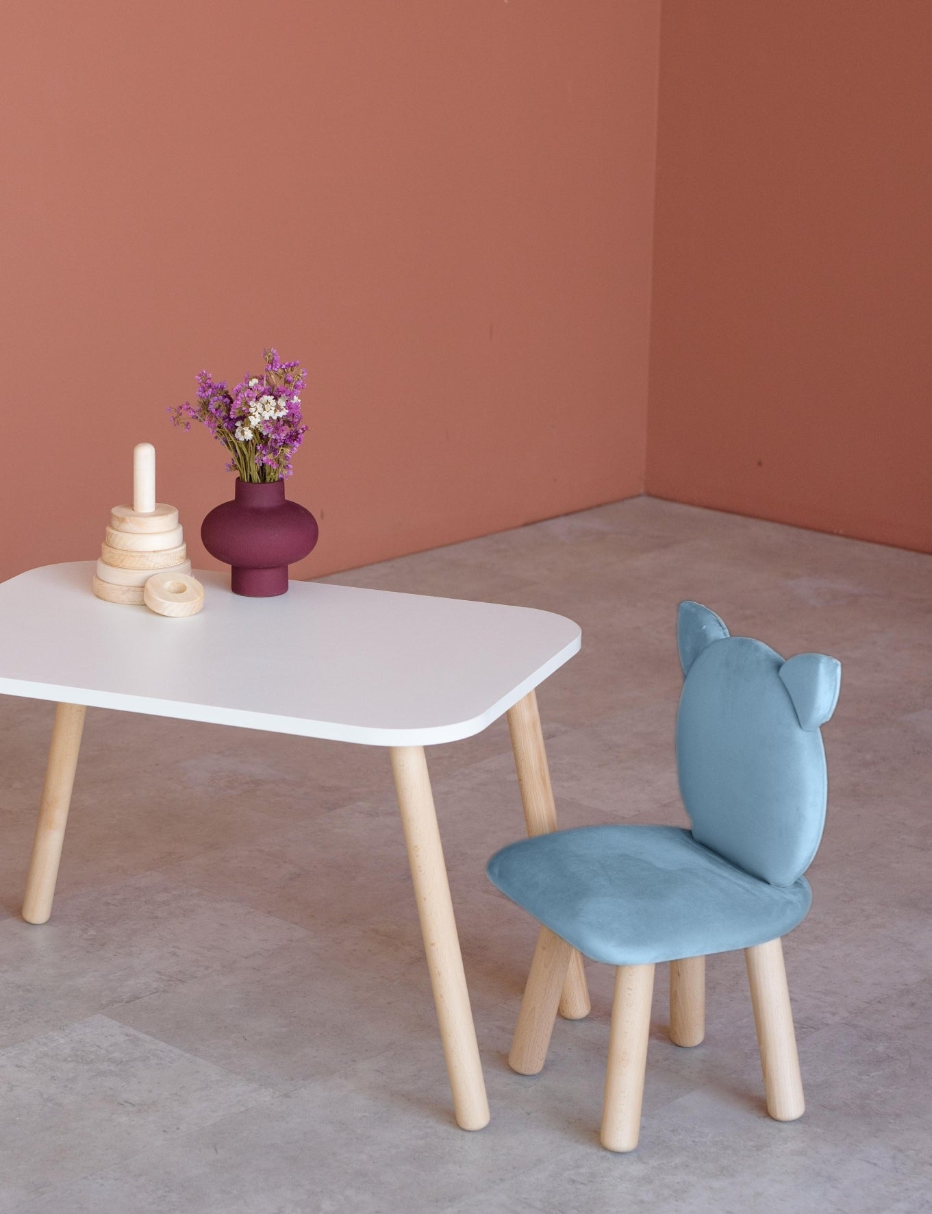 Furniture set: rectangular table without drawer and chair Cat, 2-4 years old, 90-105 cm, Cyan