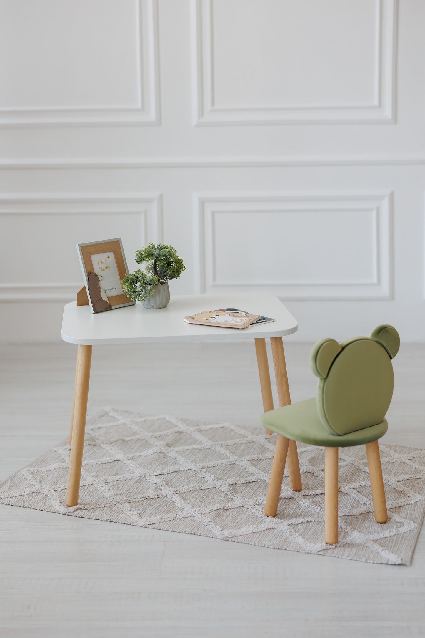 Furniture set: rectangular table without drawer and chair Bear, 3-5 years old, 105-115 cm, Olive