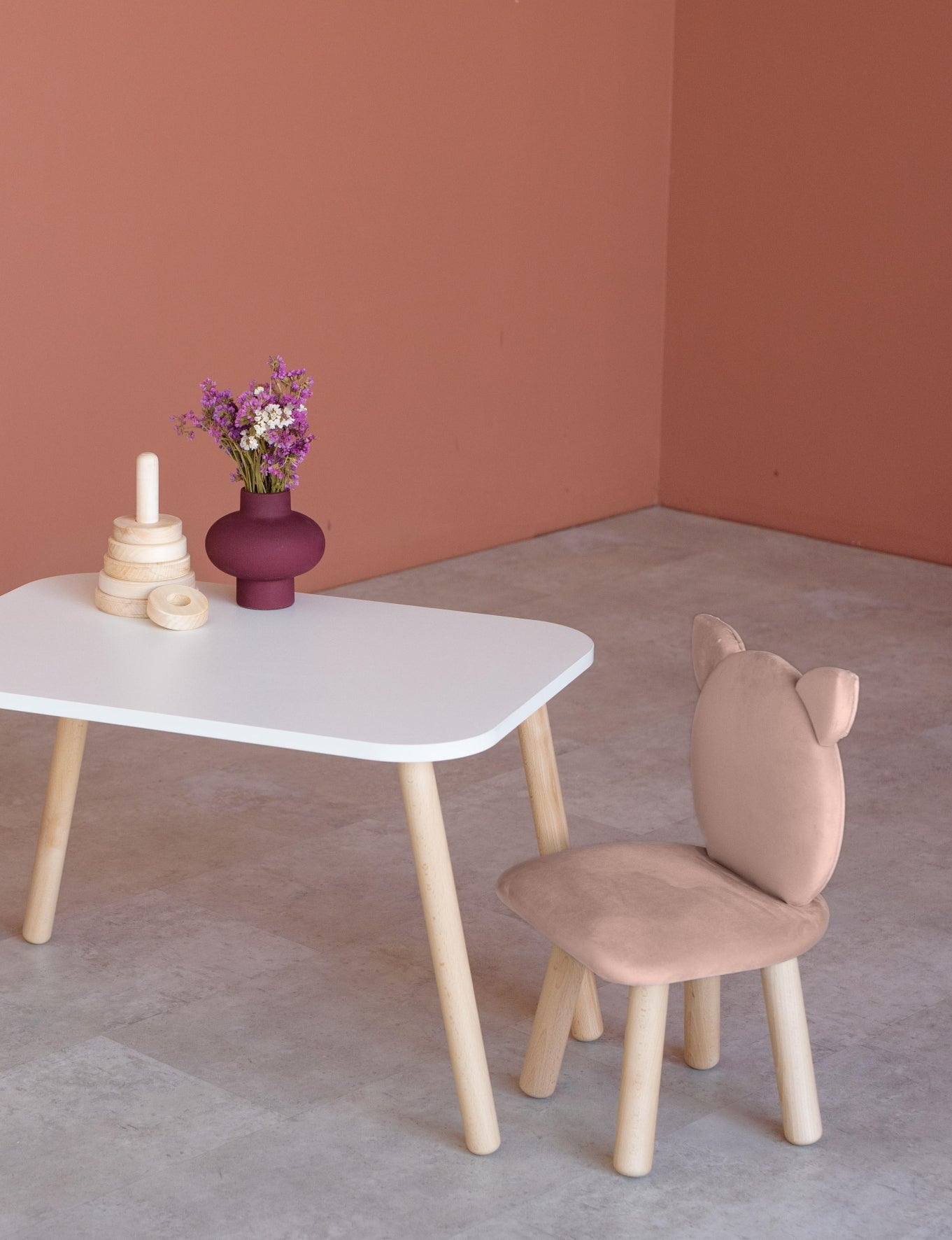 Furniture set: rectangular table without drawer and chair Cat, 2-4 years old, 90-105 cm, Powdered