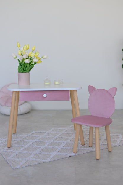 Furniture set: rectangular table with drawer and chair Cat, 3-5 years old, 105-115 cm, Soft pink