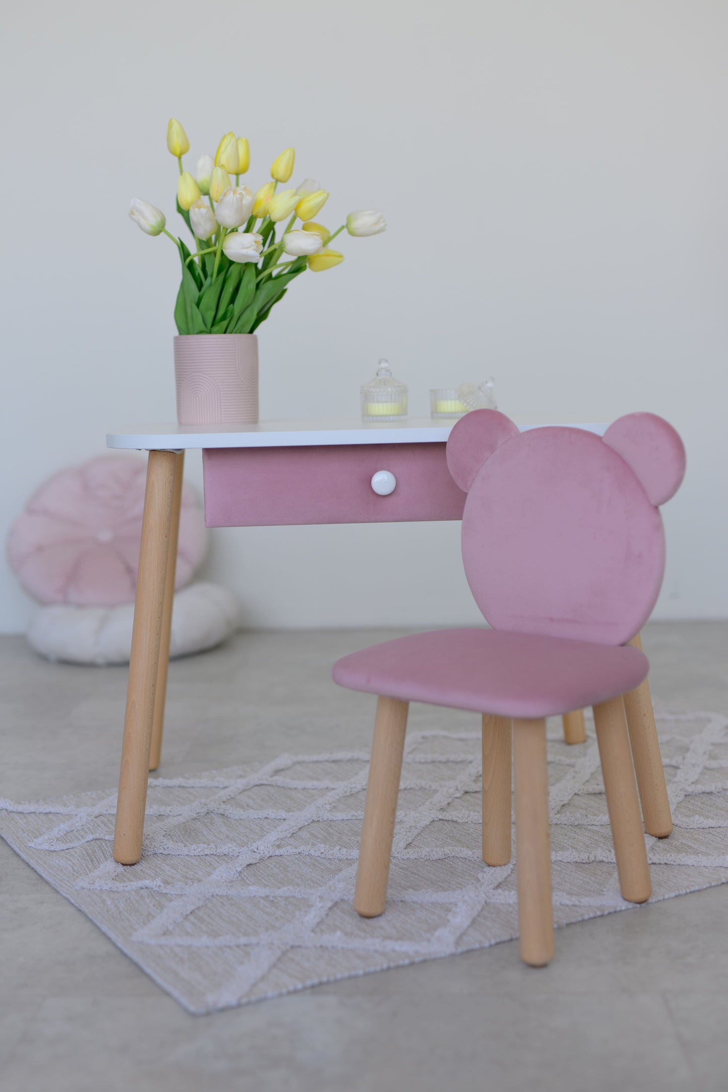 Furniture set: rectangular table with drawer and chair Bear, 2-4 years old, 90-105 cm, Soft pink