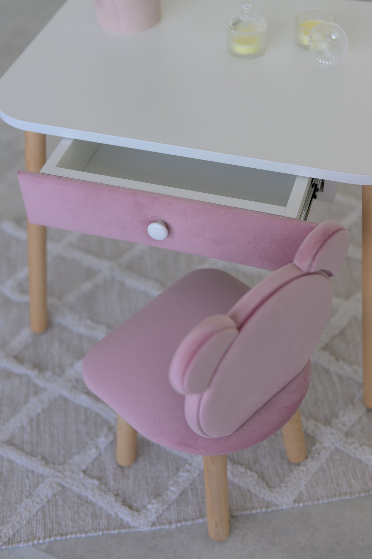 Furniture set: rectangular table with drawer and chair Bear, 2-4 years old, 90-105 cm, Soft pink