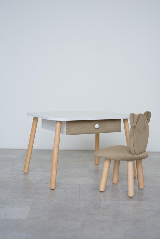 Furniture set: rectangular table with drawer and chair Cat, 3-5 years old, 105-115 cm, Beige