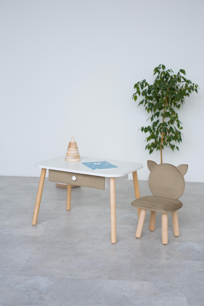 Furniture set: rectangular table with drawer and chair Cat, 5-7 years old, 115-125 cm, Beige
