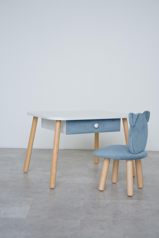 Furniture set: rectangular table with drawer and chair Cat, 2-4 years old, 90-105 cm, Cyan