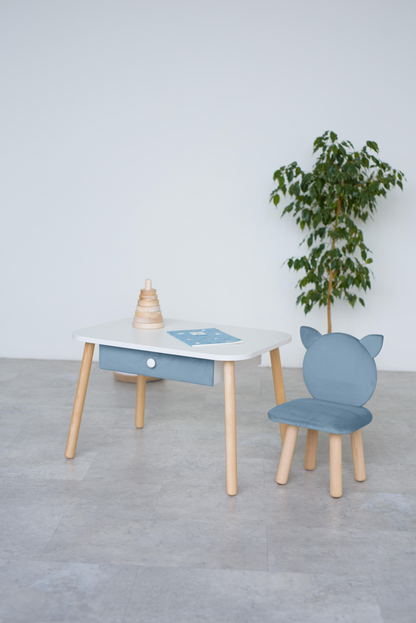 Furniture set: rectangular table with drawer and chair Cat, 5-7 years old, 115-125 cm, Cyan