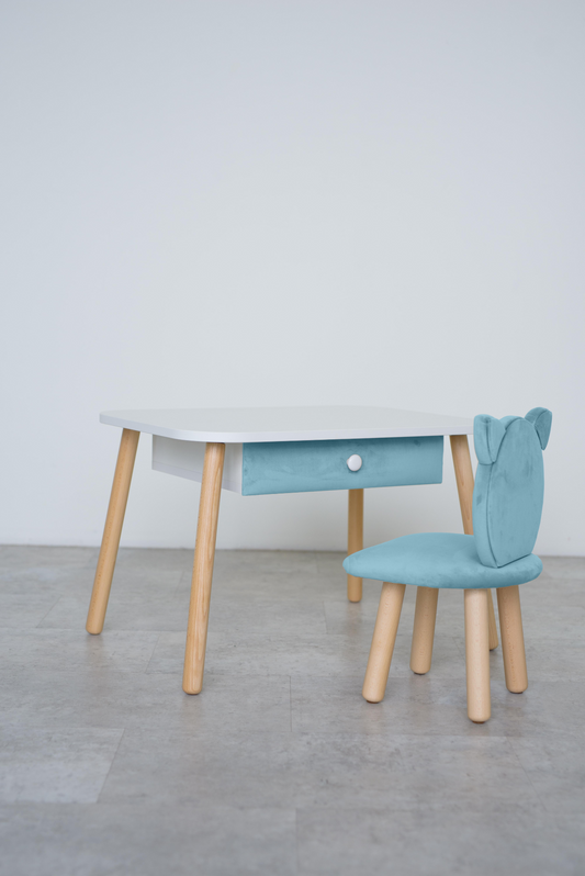 Furniture set: rectangular table with drawer and chair Cat, 2-4 years old, 90-105 cm, Denim