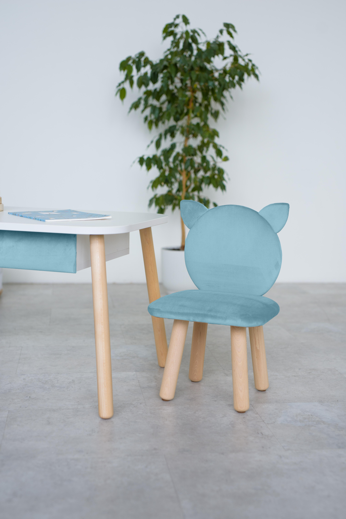 Furniture set: rectangular table with drawer and chair Cat, 3-5 years old, 105-115 cm, Denim