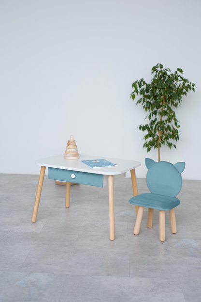 Furniture set: rectangular table with drawer and chair Cat, 5-7 years old, 115-125 cm, Denim