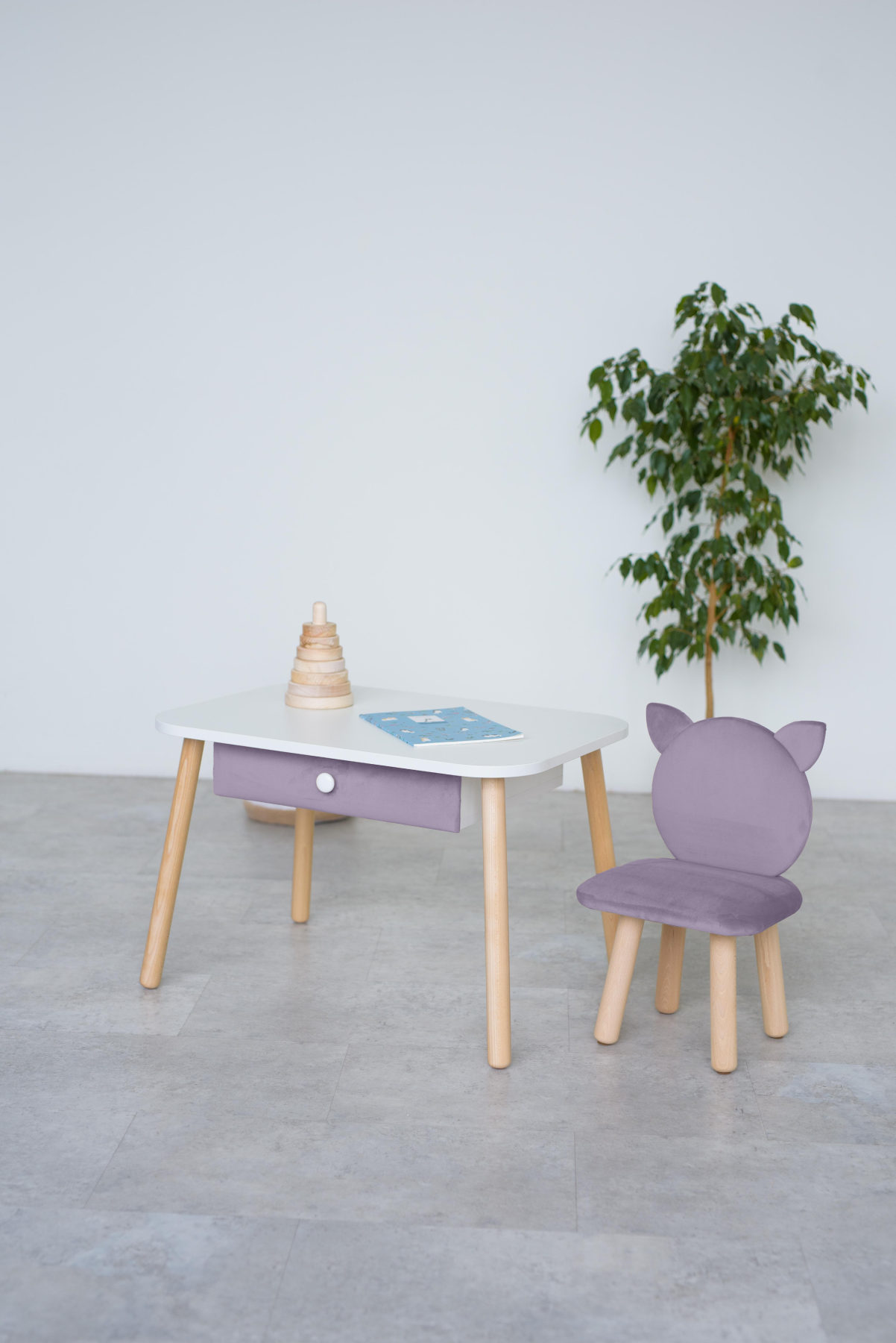 Furniture set: rectangular table with drawer and chair Cat, 2-4 years old, 90-105 cm, Lilac