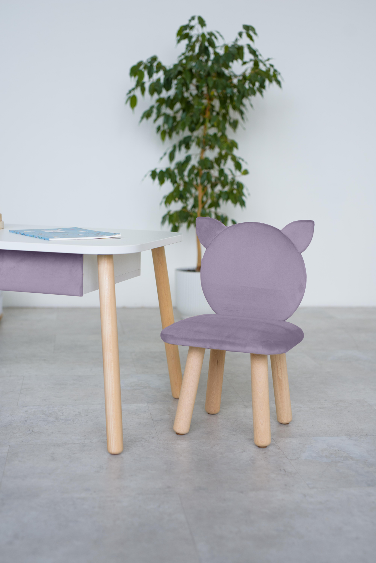 Furniture set: rectangular table with drawer and chair Cat, 2-4 years old, 90-105 cm, Lilac