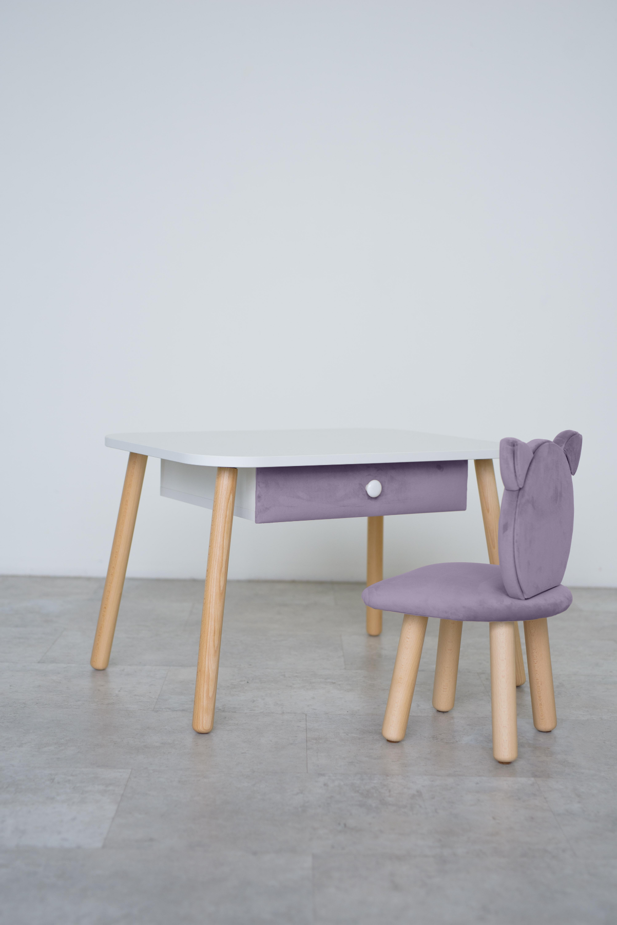 Furniture set: rectangular table with drawer and chair Cat, 2-4 years old, 90-105 cm, Lilac