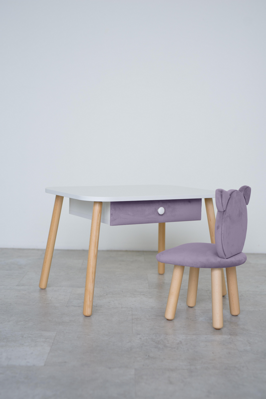 Furniture set: rectangular table with drawer and chair Cat, 2-4 years old, 90-105 cm, Lilac