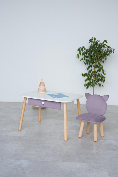 Furniture set: rectangular table with drawer and chair Cat, 3-5 years old, 105-115 cm, Lilac