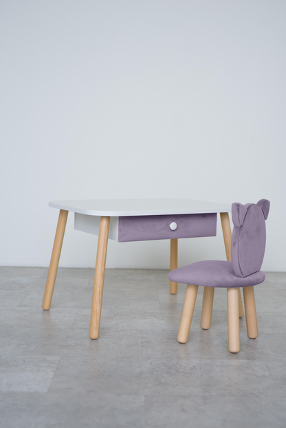 Furniture set: rectangular table with drawer and chair Cat, 3-5 years old, 105-115 cm, Lilac
