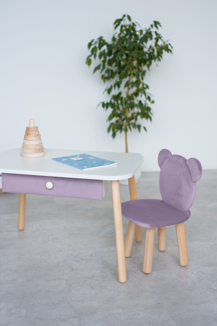 Furniture set: rectangular table with drawer and chair Bear, 2-4 years old, 90-105 cm, Lilac