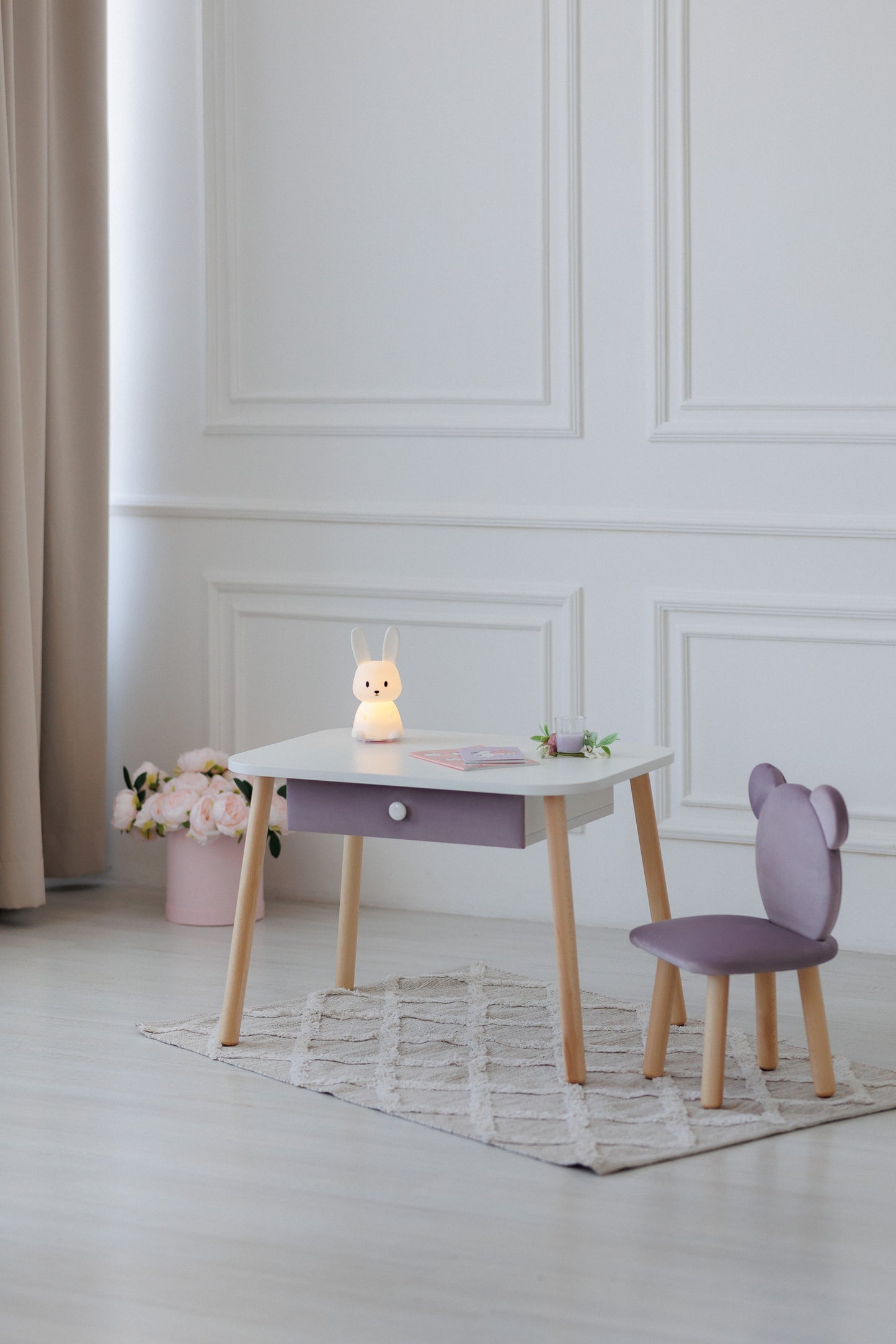 Furniture set: rectangular table with drawer and chair Bear, 5-7 years old, 115-125 cm, Lilac