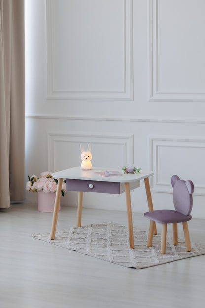 Furniture set: rectangular table with drawer and chair Bear, 5-7 years old, 115-125 cm, Lilac