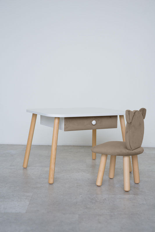 Furniture set: rectangular table with drawer and chair Cat, 3-5 years old, 105-115 cm, Cappuccino