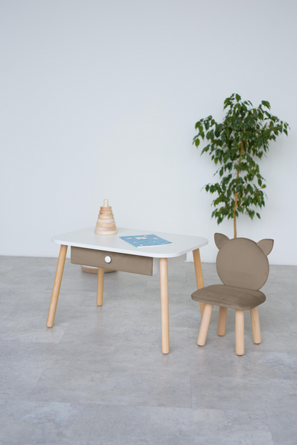 Furniture set: rectangular table with drawer and chair Cat, 5-7 years old, 115-125 cm, Cappuccino