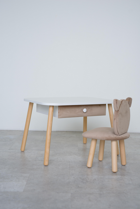 Furniture set: rectangular table with drawer and chair Cat, 2-4 years old, 90-105 cm, Latte