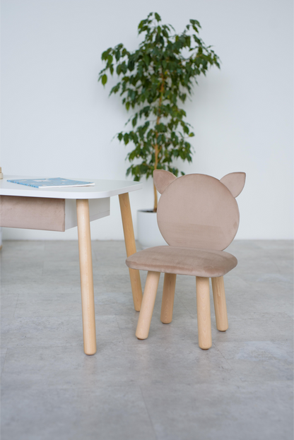 Furniture set: rectangular table with drawer and chair Cat, 3-5 years old, 105-115 cm, Latte