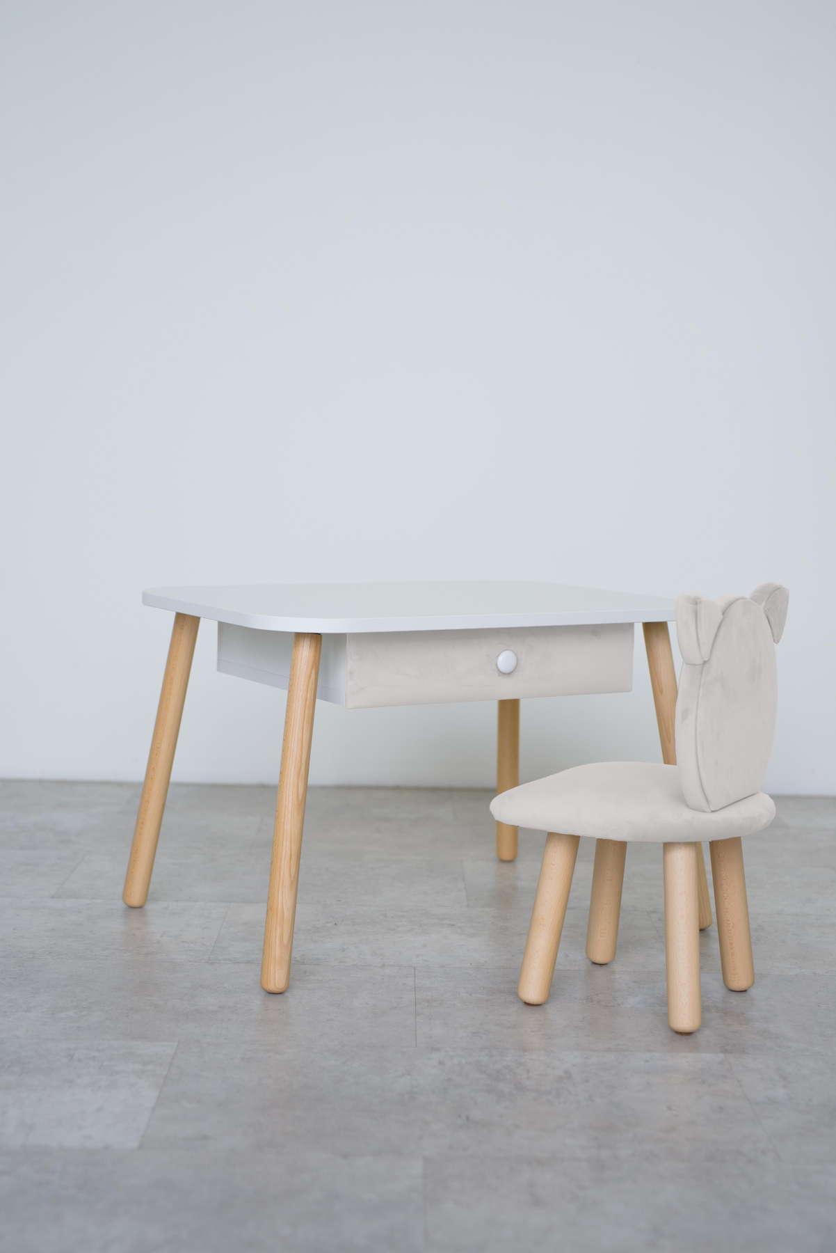 Furniture set: rectangular table with drawer and chair Cat, 3-5 years old, 105-115 cm, Milk