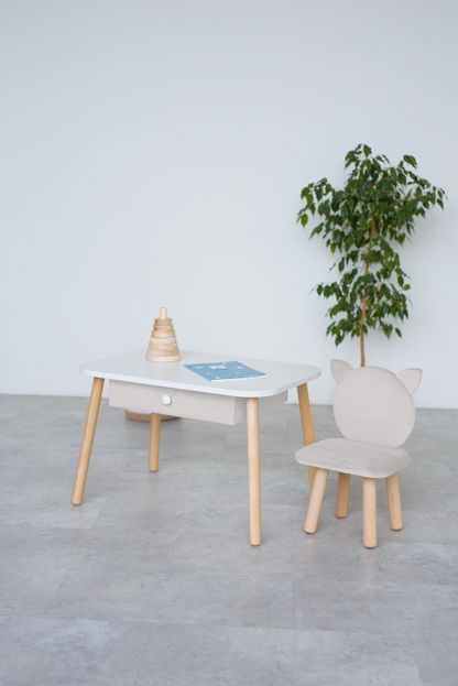 Furniture set: rectangular table with drawer and chair Cat, 5-7 years old, 115-125 cm, Milk