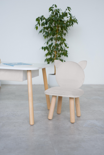 Furniture set: rectangular table with drawer and chair Cat, 5-7 years old, 115-125 cm, Milk