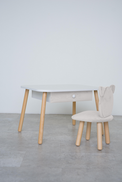 Furniture set: rectangular table with drawer and chair Cat, 5-7 years old, 115-125 cm, Milk