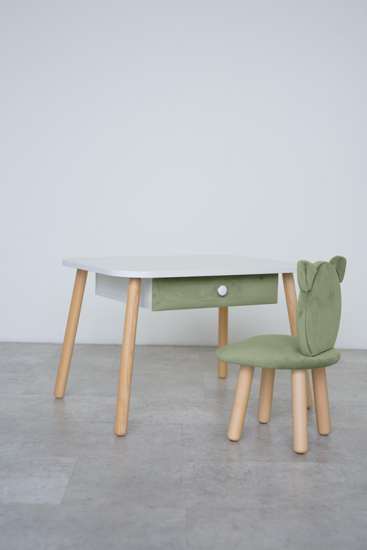 Furniture set: rectangular table with drawer and chair Cat, 2-4 years old, 90-105 cm, Olive