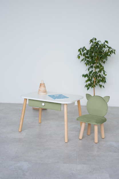 Furniture set: rectangular table with drawer and chair Cat, 2-4 years old, 90-105 cm, Olive
