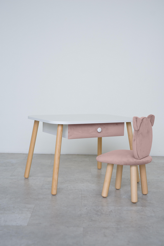 Furniture set: rectangular table with drawer and chair Cat, 2-4 years old, 90-105 cm, Powdered