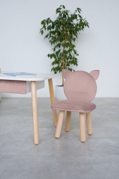 Furniture set: rectangular table with drawer and chair Cat, 5-7 years old, 115-125 cm, Powdered