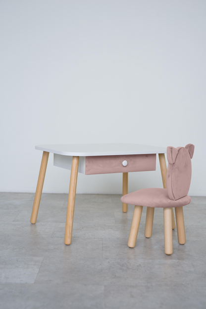 Furniture set: rectangular table with drawer and chair Cat, 5-7 years old, 115-125 cm, Powdered