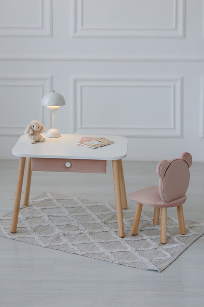 Furniture set: rectangular table with drawer and chair Bear, 5-7 years old, 115-125 cm, Powdered