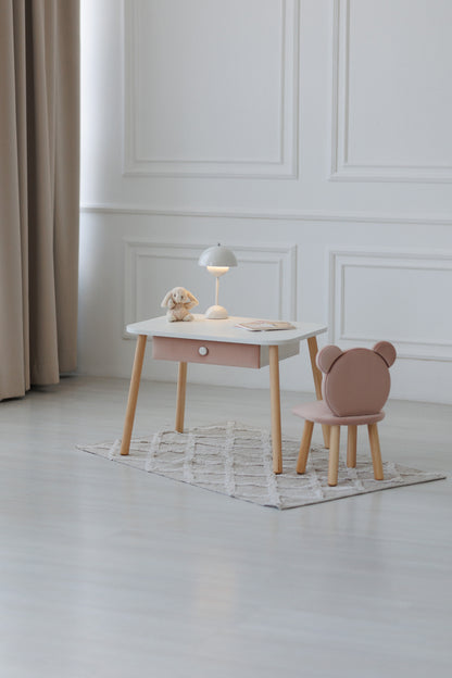 Furniture set: rectangular table with drawer and chair Bear, 5-7 years old, 115-125 cm, Powdered