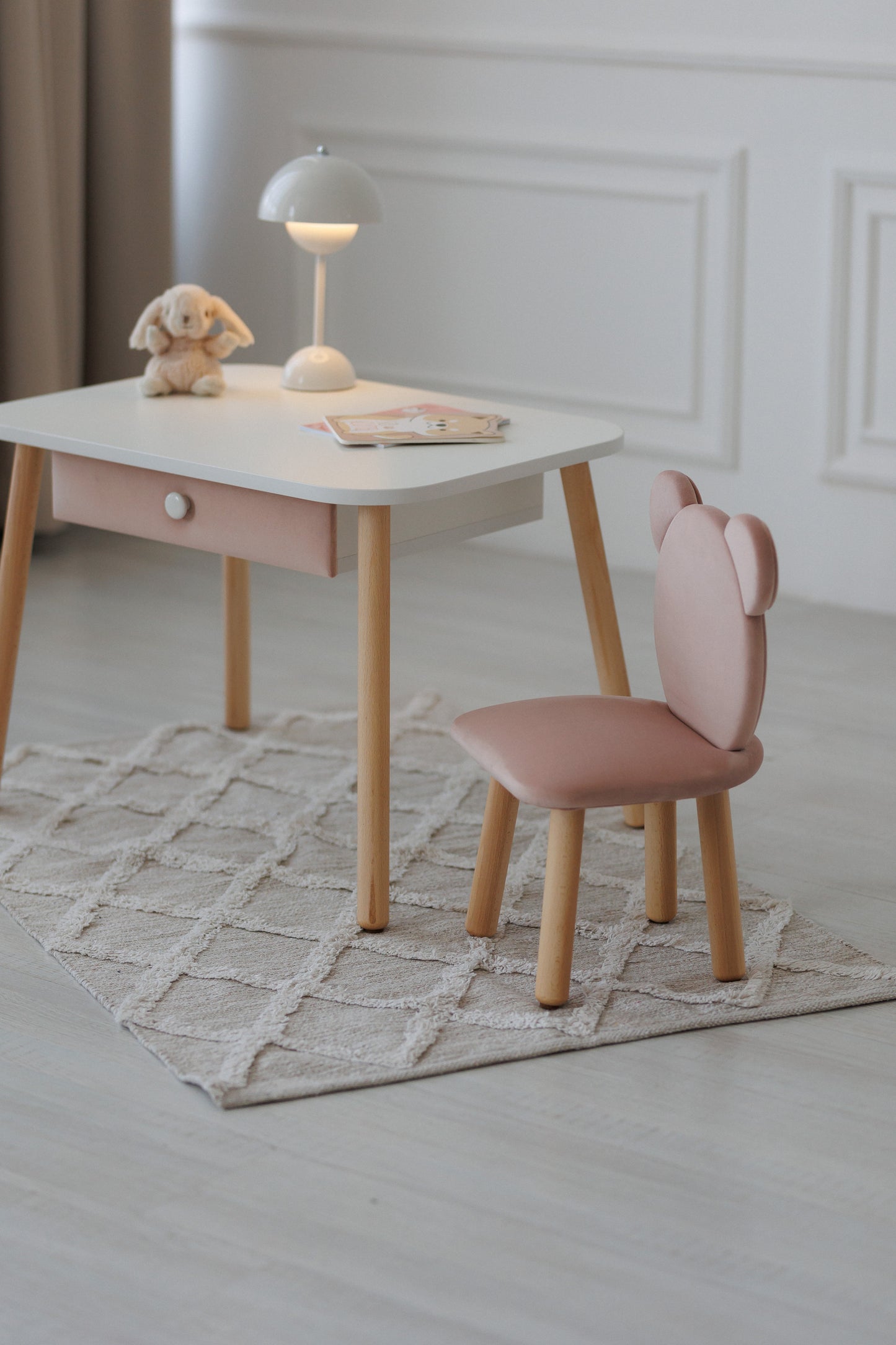 Furniture set: rectangular table with drawer and chair Bear, 5-7 years old, 115-125 cm, Powdered