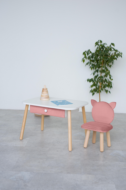 Furniture set: rectangular table with drawer and chair Cat, 2-4 years old, 90-105 cm, Pink